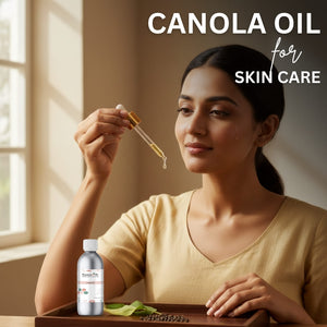 Woman holding a dropper with canola oil over a bottle of the product, with text 'Canola Oil for Skin Care' above.
