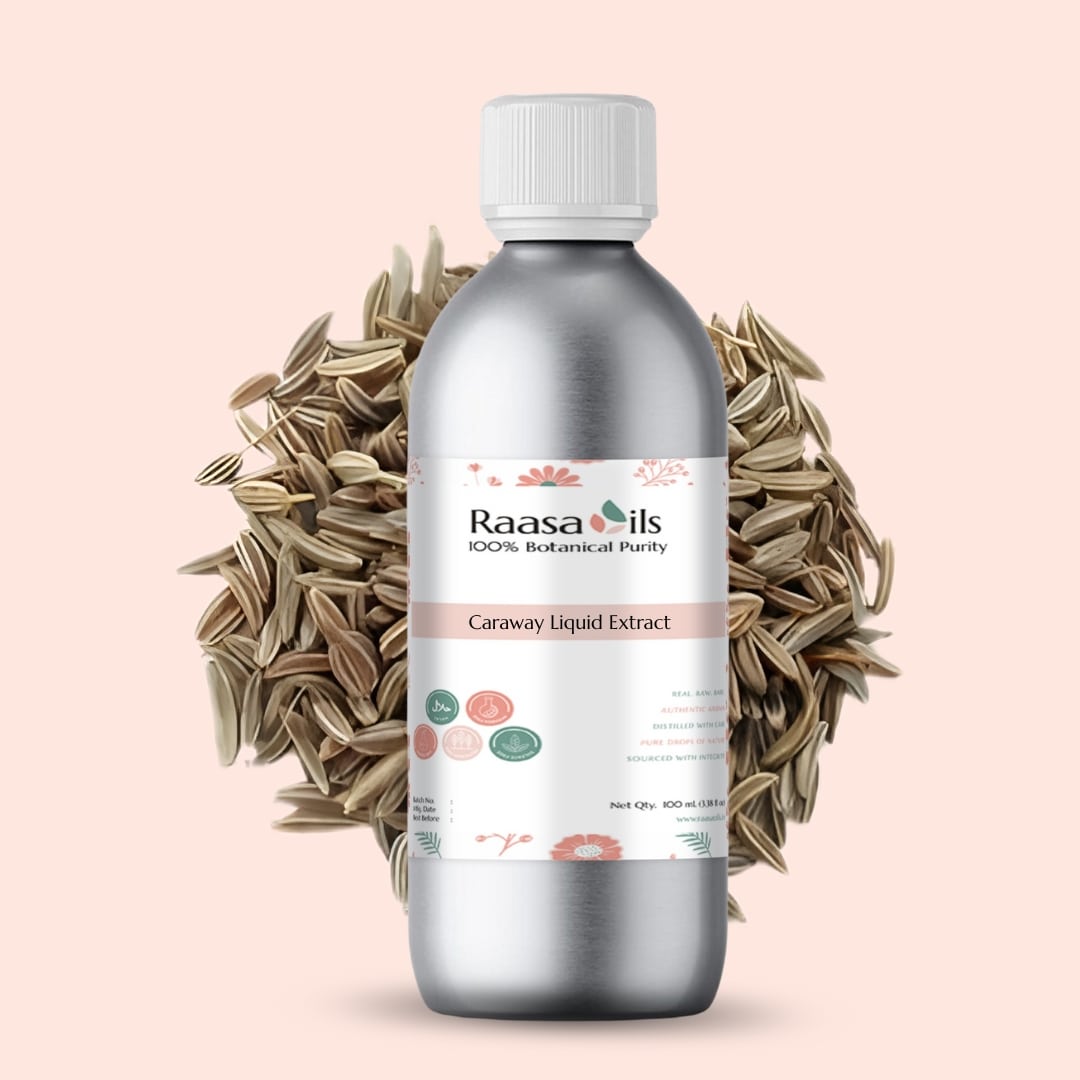 Bottle of Raasa Oils Caraway Liquid Extract surrounded by caraway seeds on a light pink background