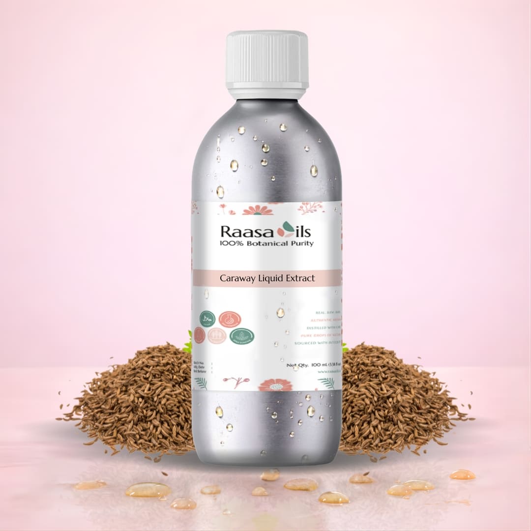 Bottle of Raasa Oils Caraway Liquid Extract with caraway seeds on a pink background