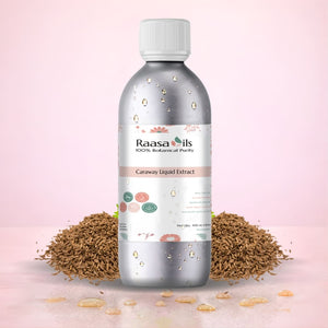 Bottle of Raasa Oils Caraway Liquid Extract with caraway seeds on a pink background