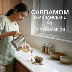Woman pouring liquid into a jar with cardamom fragrance oil for candle making on a kitchen counter.