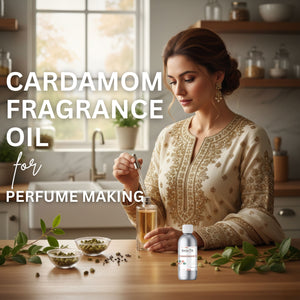 Woman in a kitchen holding a glass of cardamom-flavored drink with text about cardamom fragrance oil for perfume making.