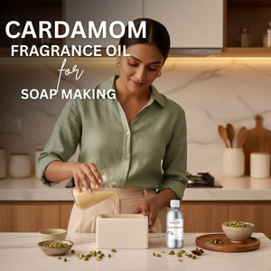 Woman making soap with cardamom fragrance oil in a kitchen setting