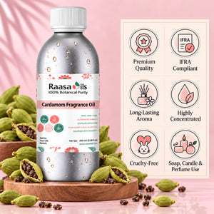 A bottle of Raasa Oils Cardamom Fragrance Oil displayed on a wooden stand with whole cardamom pods around it, next to an infographic panel detailing product benefits on a pink background.