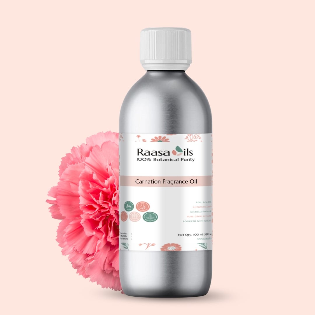 Bottle of Raasa Oils Carnation Fragrance Oil with a pink flower on a light pink background