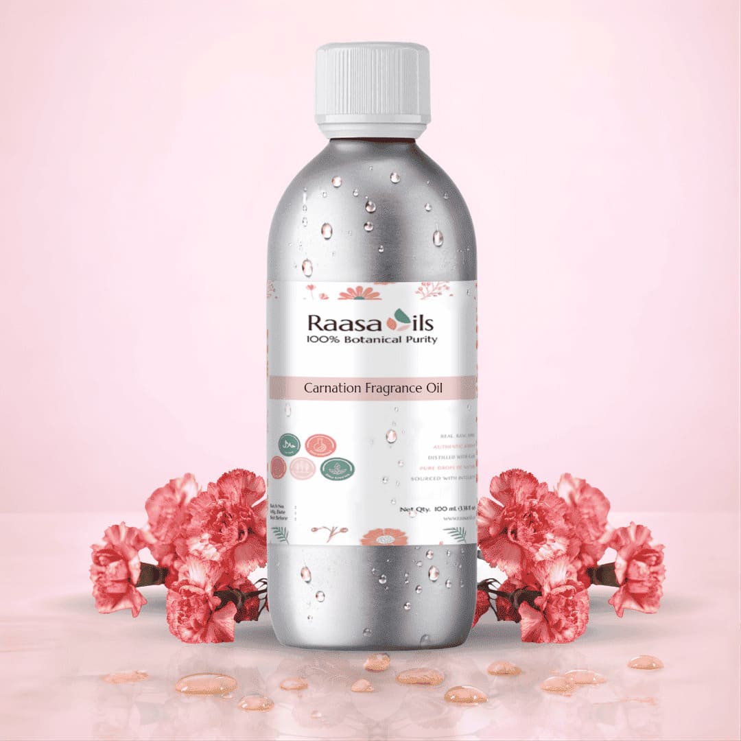 Bottle of Raasa Oils Carnation Fragrance Oil with pink flowers on a light pink background