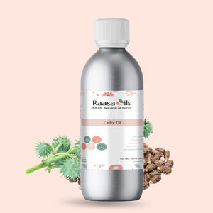 Bottle of Raasa Oils castor oil with botanical elements on a light pink background
