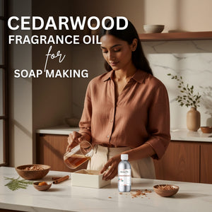Woman in a kitchen preparing soap with cedarwood fragrance oil, surrounded by ingredients and a bottle of the oil.