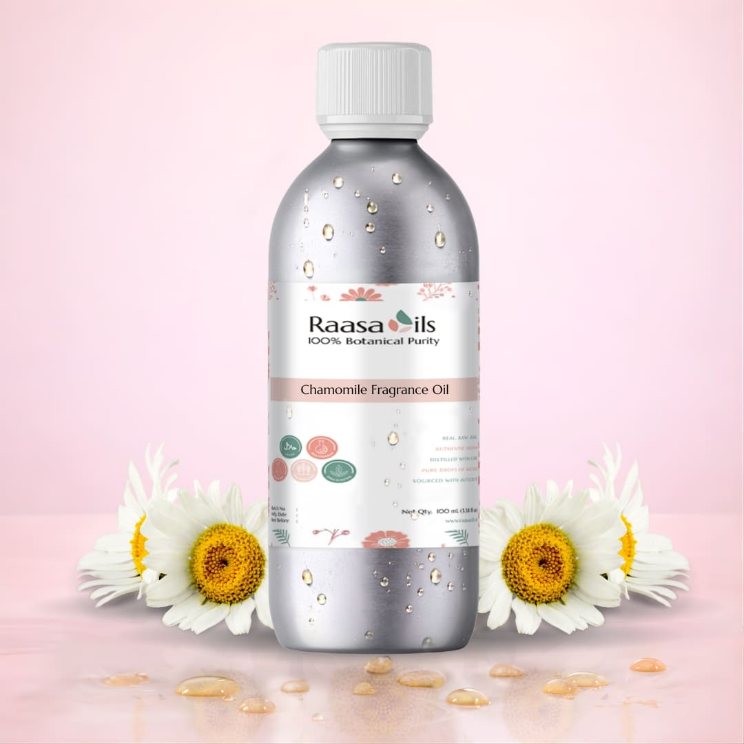 Raasa Oils chamomile fragrance oil bottle with flowers on a pink background