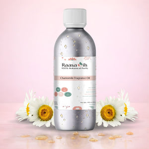 Raasa Oils chamomile fragrance oil bottle with flowers on a pink background