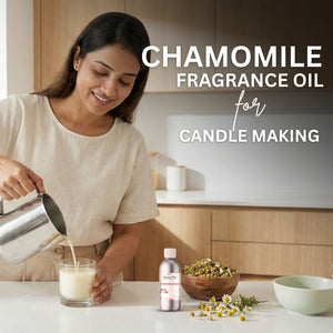 Woman pouring liquid into a glass with text about chamomile fragrance oil for candle making.