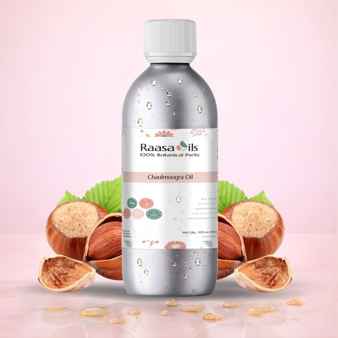 Bottle of Raasa Oils Chaulmoogra Oil with nuts on a pink background