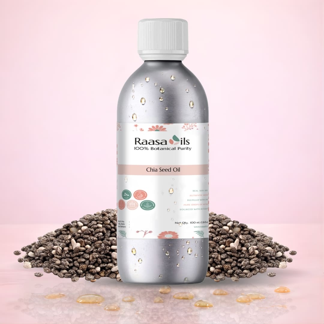 Bottle of Raasa Oils Chia Seed Oil with chia seeds on a pink background
