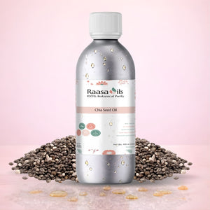 Bottle of Raasa Oils Chia Seed Oil with chia seeds on a pink background