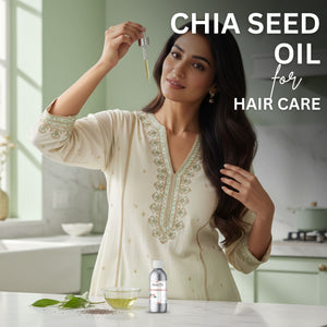 Woman with long hair holding a dropper of chia seed oil with text 'Chia Seed Oil for Hair Care' in a kitchen setting.