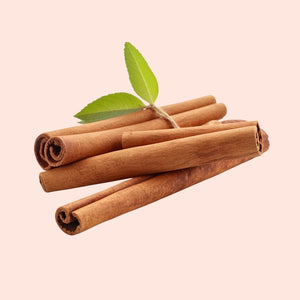 Cinnamon sticks tied with twine on a light pink background