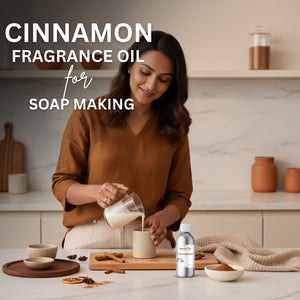 Woman pouring a liquid into a container with cinnamon and soap-making ingredients on a kitchen counter, featuring text about cinnamon fragrance oil for soap making.