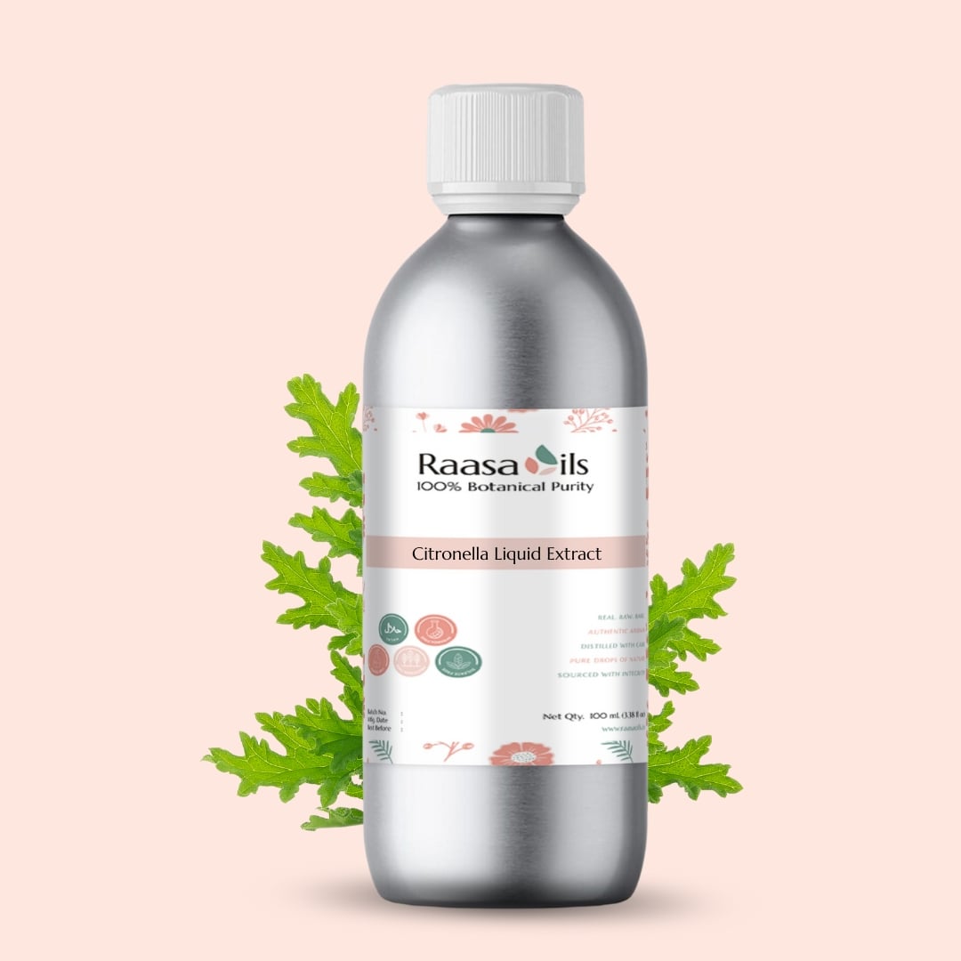 Bottle of Raasa Oils Citronella Liquid Extract on a light pink background