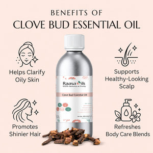 A bottle of Raasa Oils Clove Bud Essential Oil centered on a pale pink background, with illustrated text around it describing benefits for oily skin, scalp health, hair shine, and body care blends. A small pile of clove buds sits at the base of the bottle.