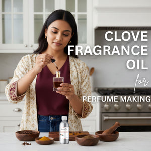 Woman in a kitchen preparing clove fragrance oil for perfume making.