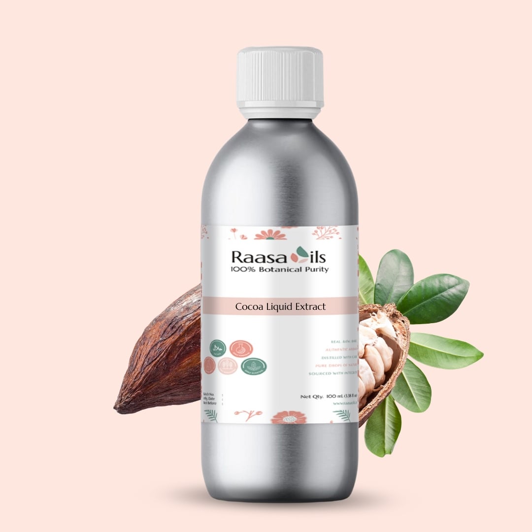 Bottle of Raasa Oils Cocoa Liquid Extract with a cacao bean and leaves on a light pink background