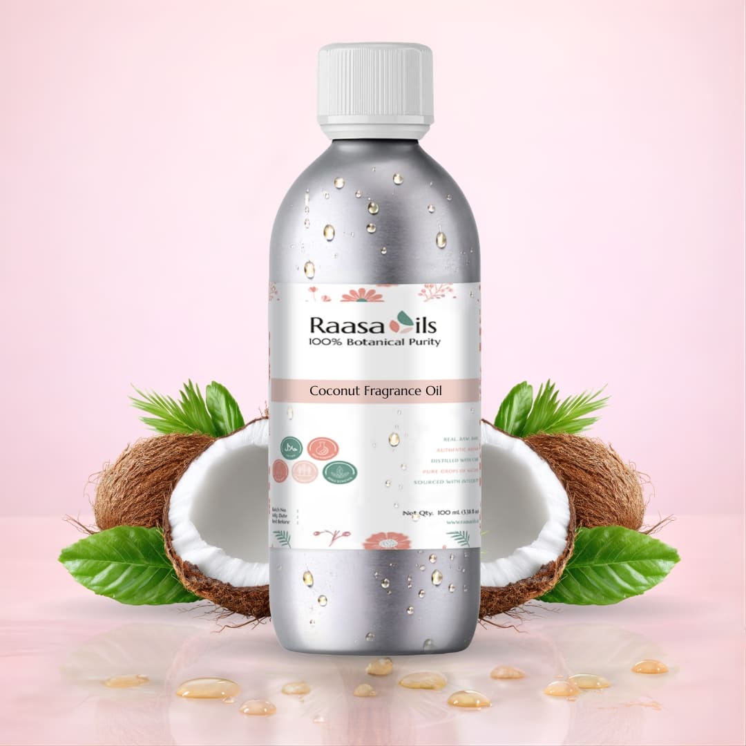 Coconut fragrance oil bottle with coconuts and leaves on a pink background