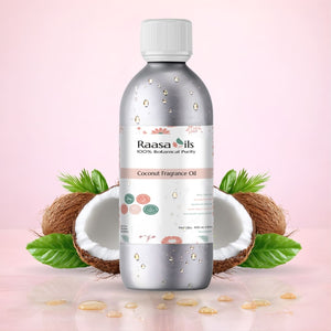 Coconut fragrance oil bottle with coconuts and leaves on a pink background