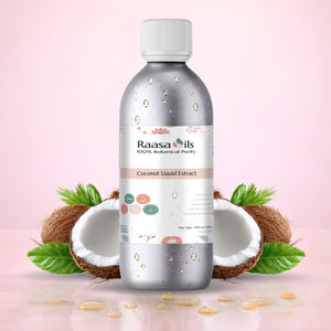 Raasa Oils coconut liquid extract bottle with coconuts and leaves on a pink background