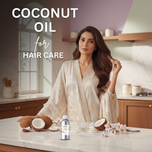 Woman in a kitchen with coconut oil for hair care products