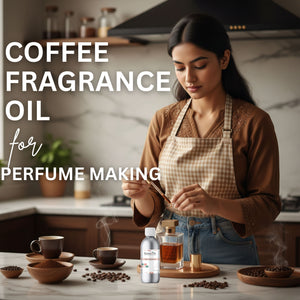 Woman in a kitchen with coffee beans and a bottle labeled 'Coffee Fragrance Oil for Perfume Making'.
