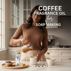 Woman pouring coffee into a mug with text about coffee fragrance oil for soap making in a kitchen setting.