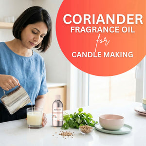 Woman pouring liquid into a glass with coriander fragrance oil for candle making on a table.