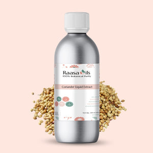 Bottle of Raasa Oils Coriander Liquid Extract with coriander seeds on a pink background