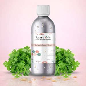 Raasa Oils Coriander Liquid Extract bottle with coriander leaves on a pink background