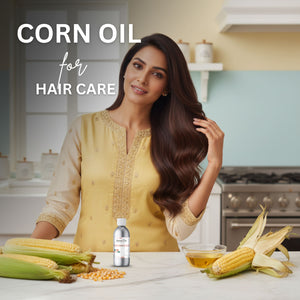 Woman with long, healthy hair in a kitchen setting with corn and oil.