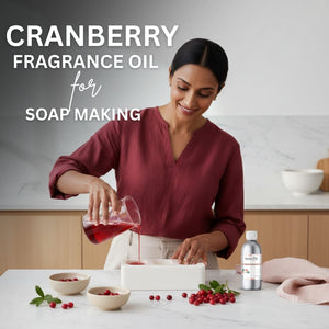 Woman pouring cranberry fragrance oil into soap mixture with text 'Cranberry Fragrance Oil for Soap Making'.