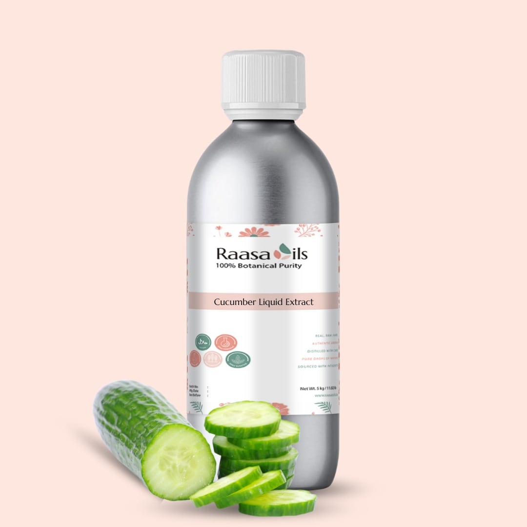 Bottle of Raasa Oils Cucumber Liquid Extract with sliced cucumbers on a beige background