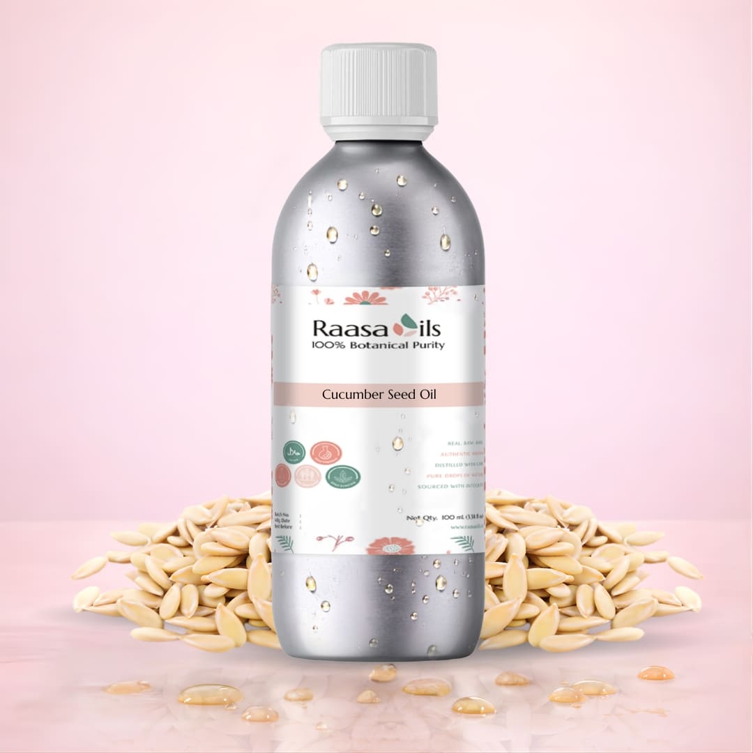 Bottle of Raasa Oils Cucumber Seed Oil with seeds on a pink background