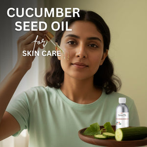 Woman holding cucumber seed oil with text about skin care