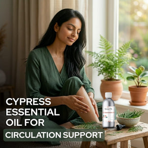 Woman sitting on a couch with a bottle of Cypress essential oil in a home setting.