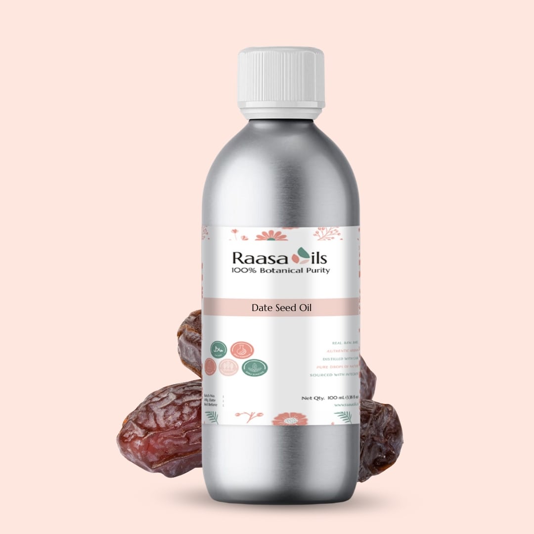 Bottle of Raasa Oils Date Seed Oil with dates on a light pink background