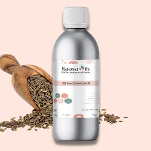 Bottle of Raasa Oils Dill Seed Essential Oil with dill seeds on a pink background