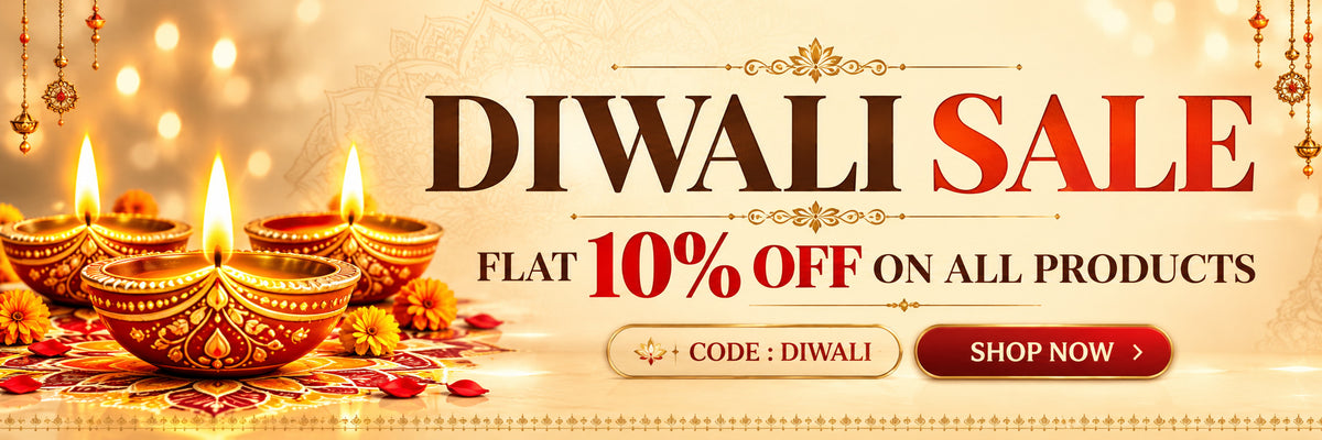 Promotional banner for a Diwali sale featuring lit diya candles, festive decorations, and text reading 'DIWALI SALE' and 'FLAT 10% OFF ON ALL PRODUCTS' with a 'SHOP NOW' button.