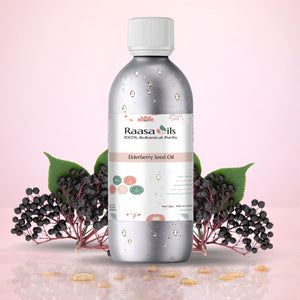 Raasa Oils elderberry seed oil bottle with leaves on a pink background