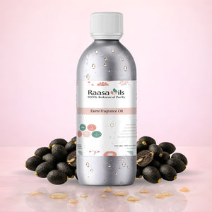 Bottle of Raasa Oils Elemi Fragrance Oil with elemi fruits on a pink background