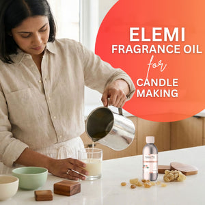 Woman pouring liquid into a glass with Elemi fragrance oil for candle making displayed.