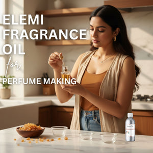 Woman in a kitchen holding a bottle of elemi fragrance oil with text about elemi fragrance oil for perfume making.