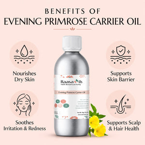 A bottle of Raasa oils Evening Primrose Carrier Oil centered on a pale pink background with text and icons describing benefits: nourishes dry skin, supports skin barrier, soothes irritation and redness, and supports scalp and hair health. Yellow flowers appear at the base of the bottle.