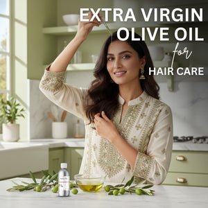 Woman with olive oil and olive branches in a kitchen setting with text about extra virgin olive oil for hair care.