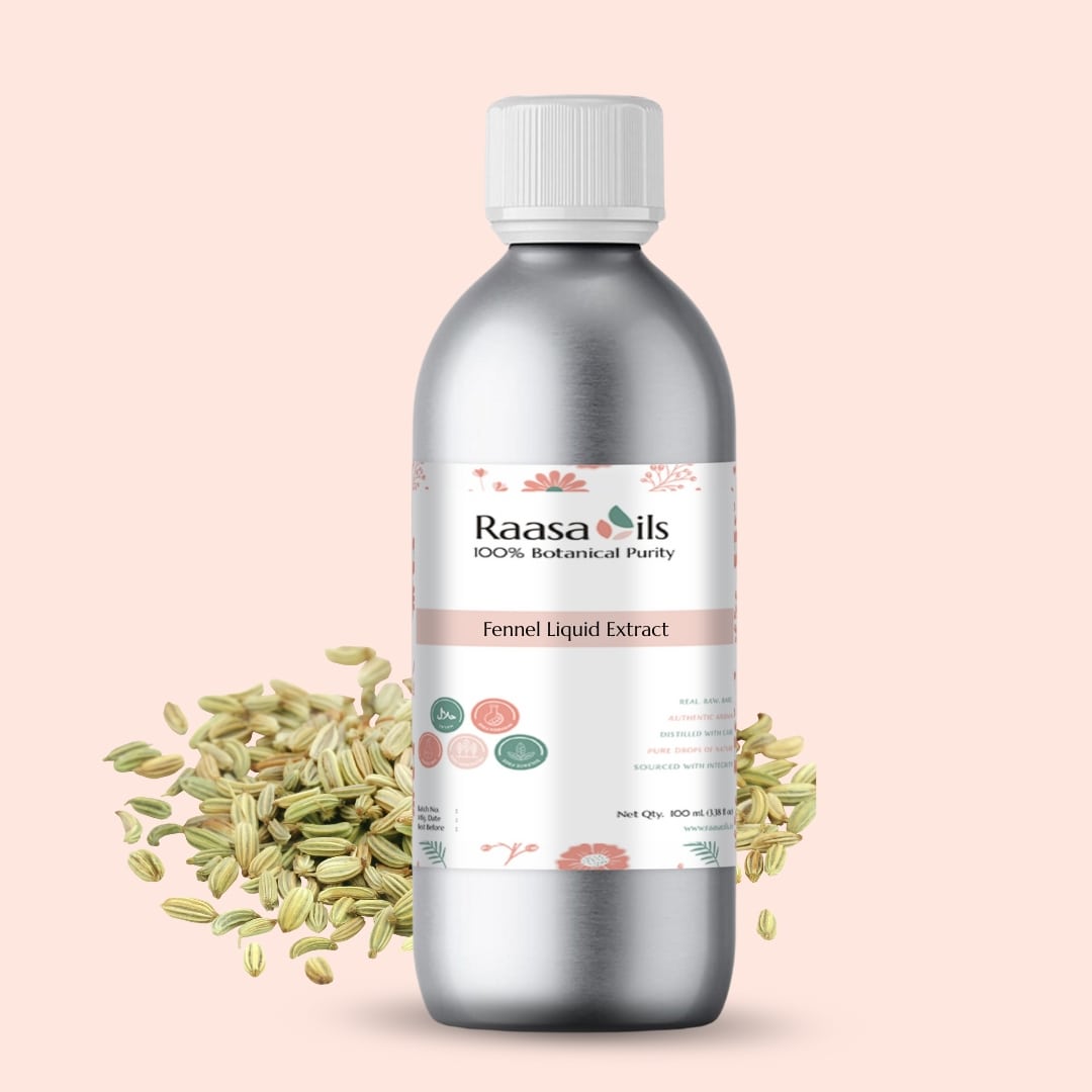 Bottle of Raasa Oils Fennel Liquid Extract with fennel seeds on a light pink background